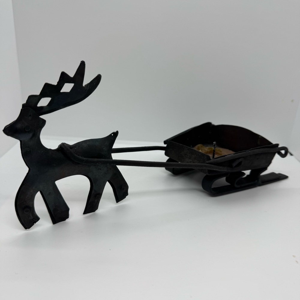 Vtg MCM Brutalist Metal Reindeer Sleigh Candle Holder